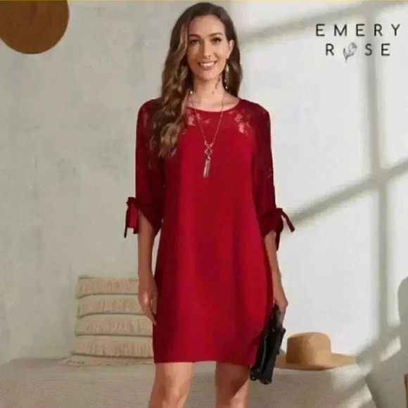 EMERY ROSE Contrast Lace Knot Cuff Tunic Dress - Picture 1 of 3